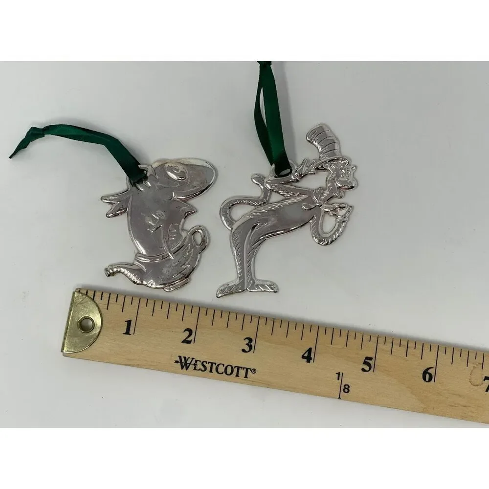 Cat In The Hat Dr Seuss Christmas Ornaments Silver Plated Burger King Lot Of 2